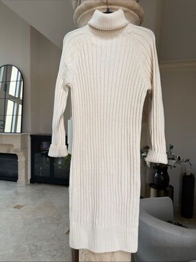 H&M Cream Ribbed Turtleneck Long Sleeve Sweater Midi Dress Sz XS